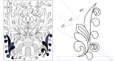 图5 左 线描西魏第288窟凤鸟与忍冬纹 右 多瓣式单独纹样